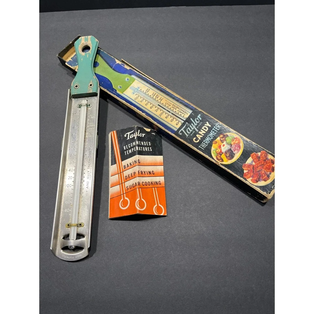 Vintage Taylor Candy and Jelly Thermometer No 5908 Stainless Steel USA Teal Box